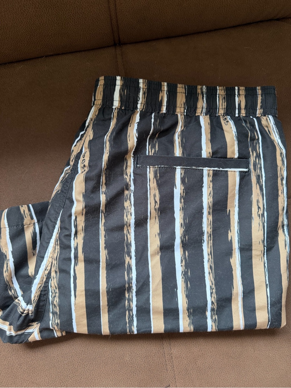 Calvin Klein Men's Striped Swim Trunks in Black, Tan & Light Blue